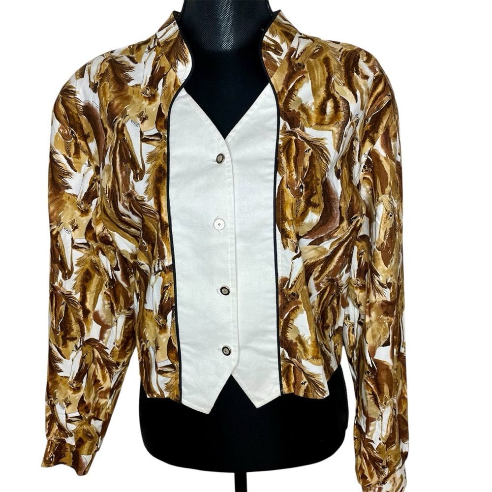 Vintage Five Star Top Blazer Horse Print Western Derby Equestrian Brown White XL